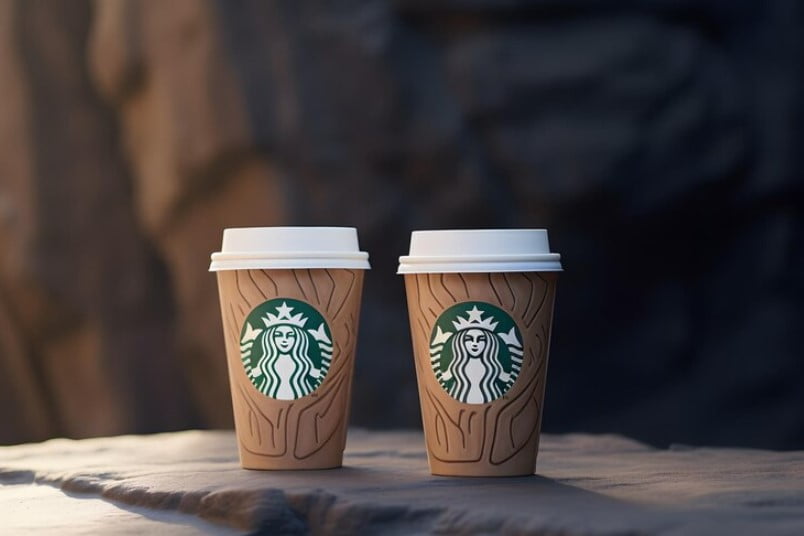 Xícara de café starbucks em terreno rochoso com fundo de pedra natural ia generativa
