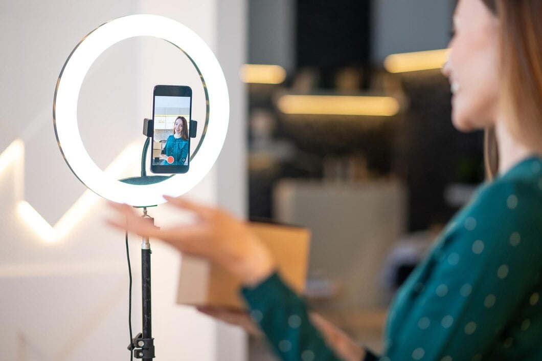 Jovem treinador de beleza sorridente apresentando novos produtos de beleza para o público online
