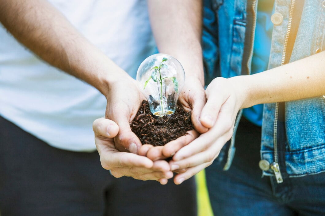 Mãos, mantendo, planta, em, abajur, ligado, chão
