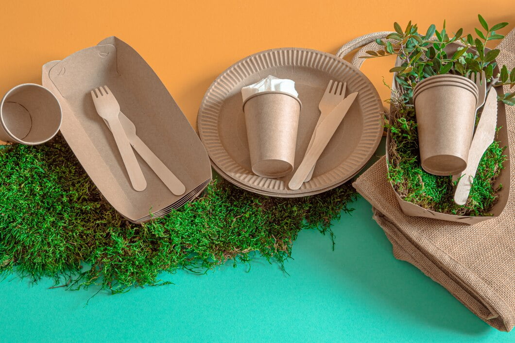 Utensílios de mesa ecológicos, descartáveis e recicláveis em um fundo colorido.
