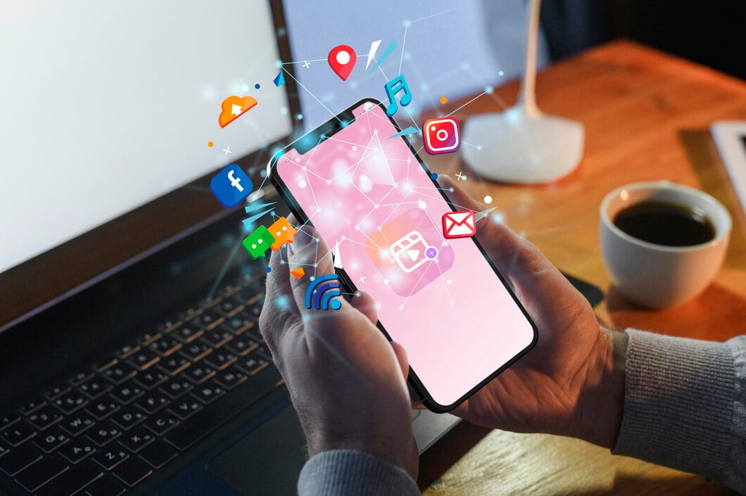Mãos segurando o conceito de mídia social do smartphone
