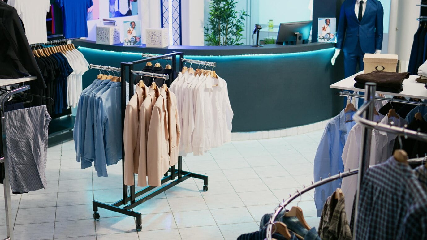 Showroom de shopping center com roupas de coleções da moda, boutique de varejo 