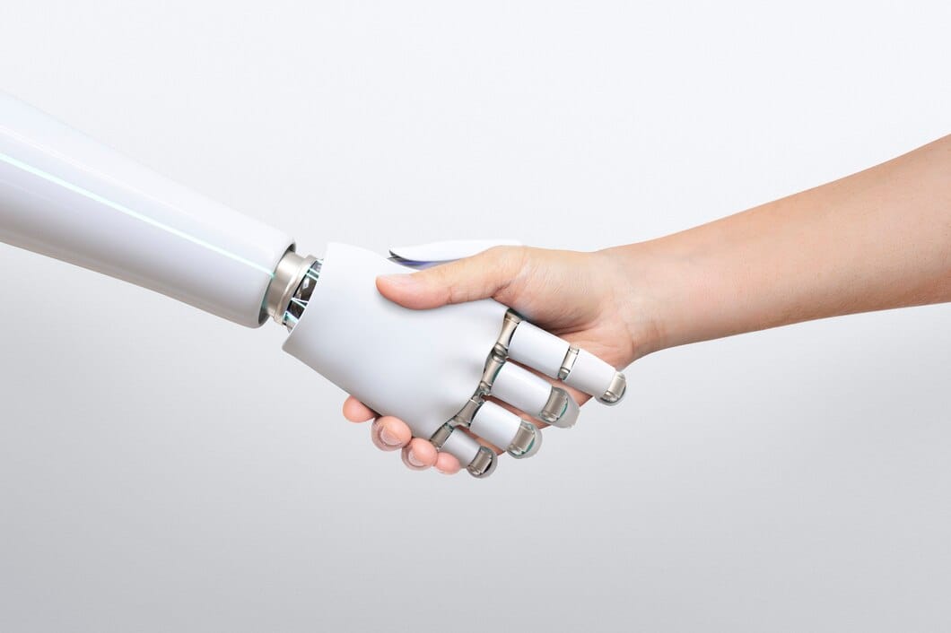 Aperto de mão de robô fundo humano, transformação digital de inteligência artificial
