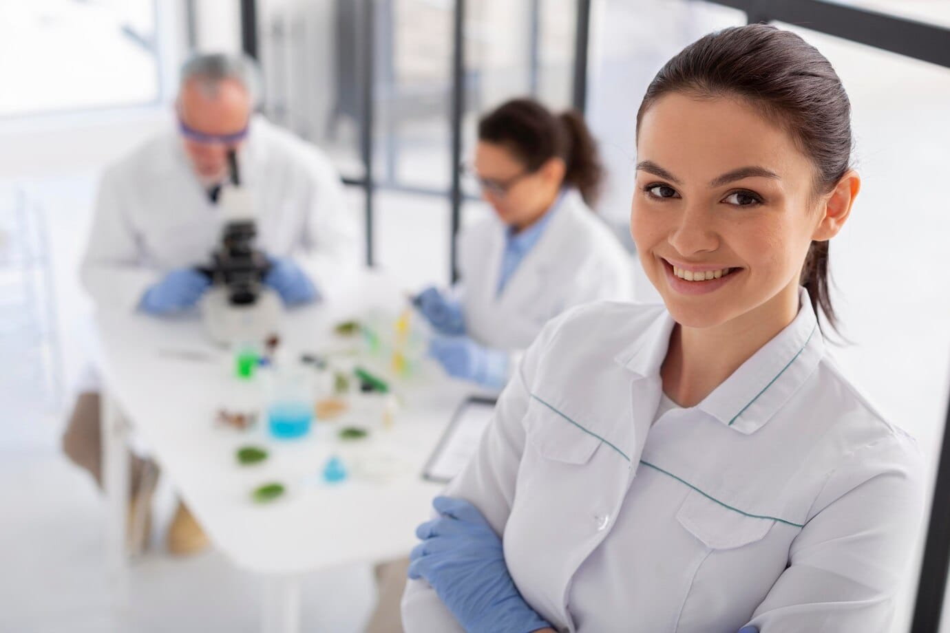 Cientista sorridente de tiro médio posando
