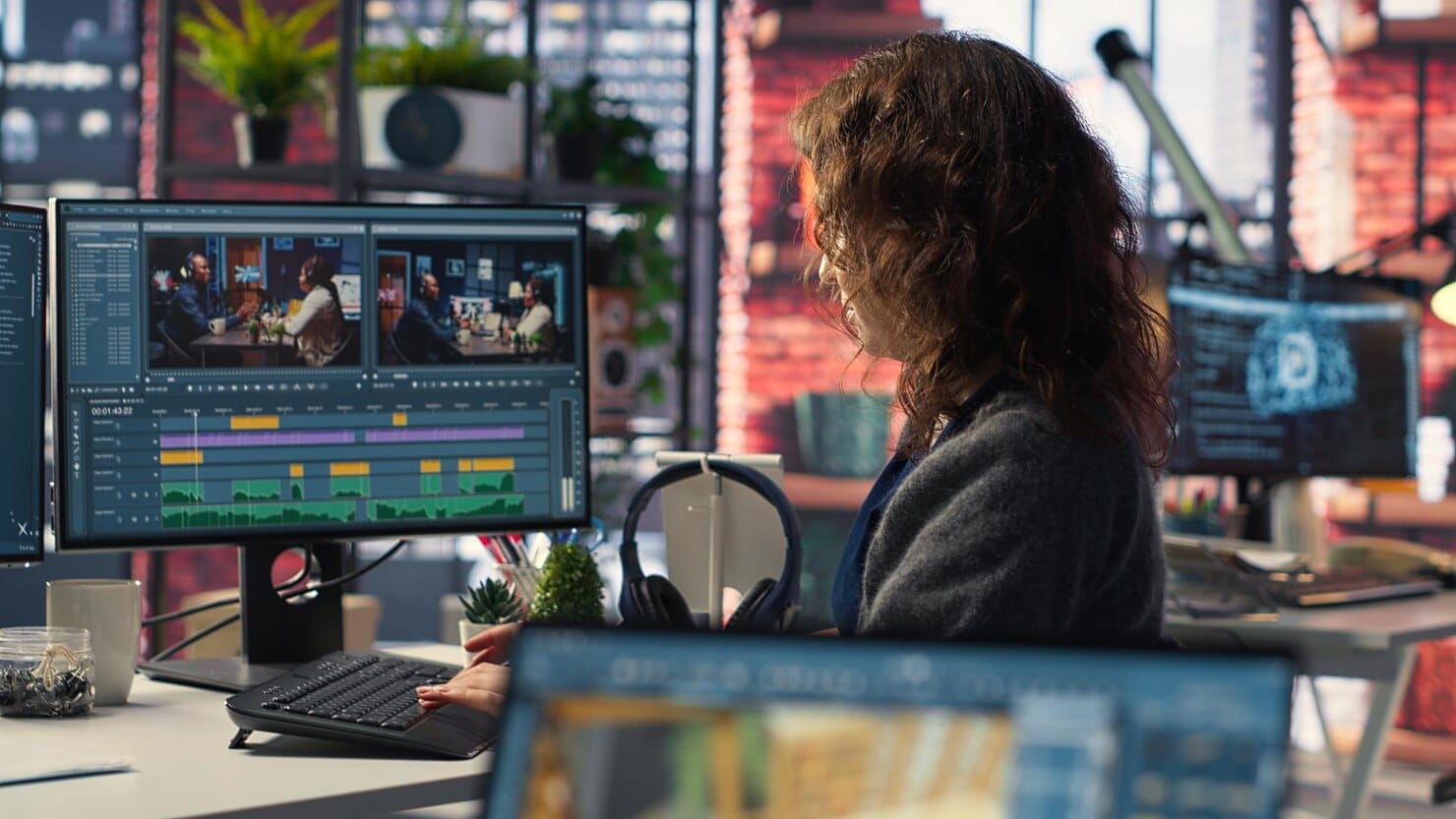 Jovem editora de vídeo trabalhando com dois monitores em uma agência criativa
