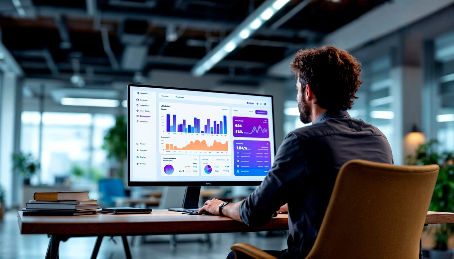 Um homem está trabalhando em um computador com um gráfico na tela.
