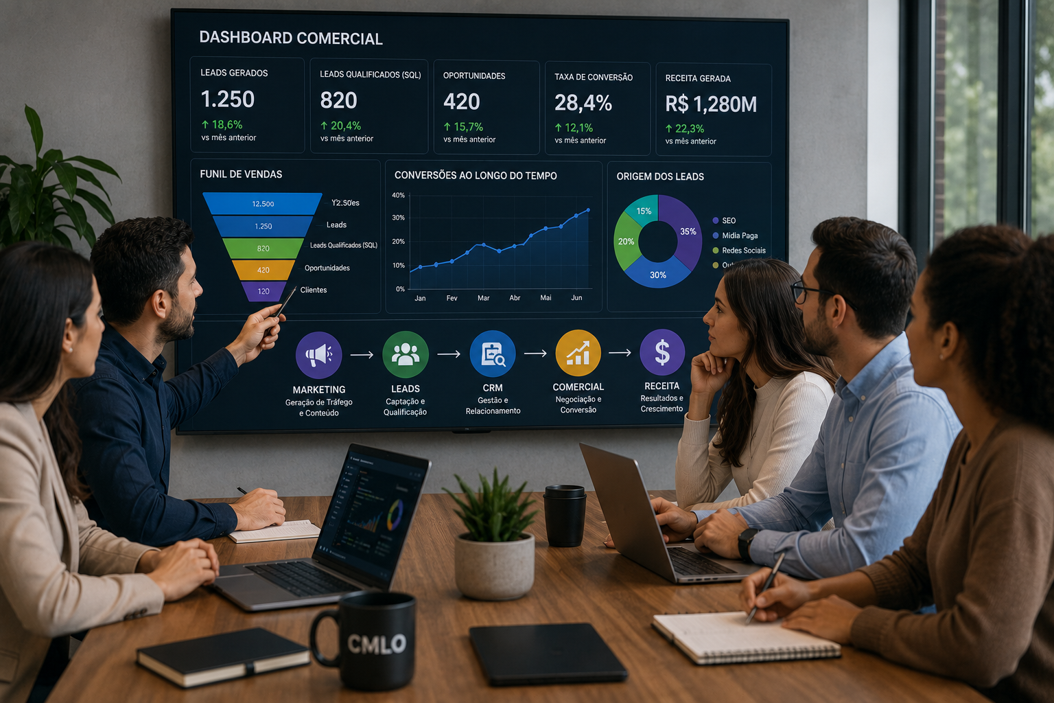 Marketing e vendas desalinhados: o prejuízo invisível das empresas 2 A imagem mostra uma equipe de marketing e vendas analisando um dashboard compartilhado com métricas de leads, conversões, funil de vendas e receita, reforçando a ideia de alinhamento entre as áreas.