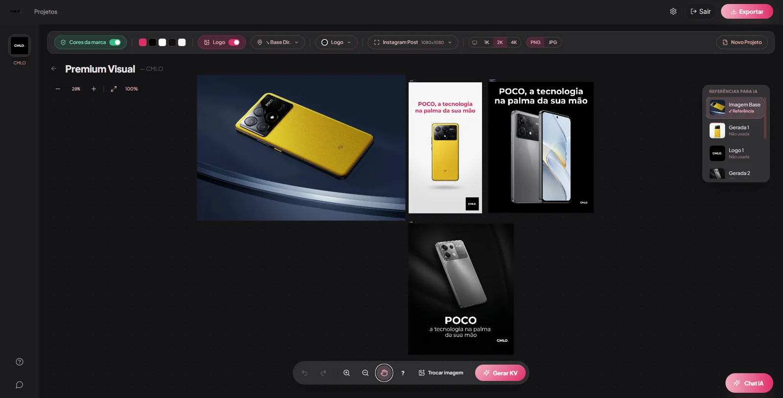 Interface do Studio.CMLO com design aprovado e variações geradas da campanha