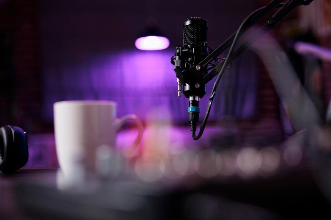 Microfone de podcast para transmissão ao vivo,  para canal de internet. 