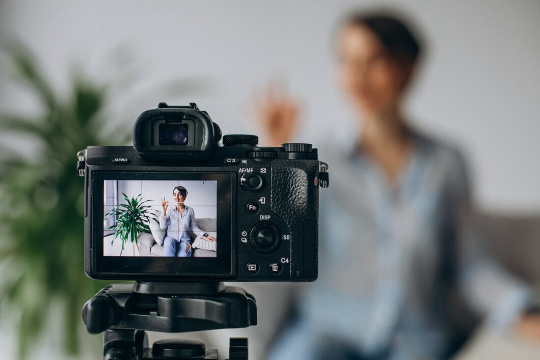 Jovem blogueira gravando vídeo para a câmera