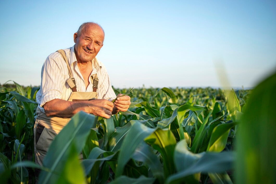 Retrato de agricultor agrônomo sênior trabalhador em um campo de milho, verificando as colheitas antes da colheita