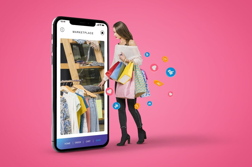 Impact on online shopping Compras on-line de mulher de tiro completo