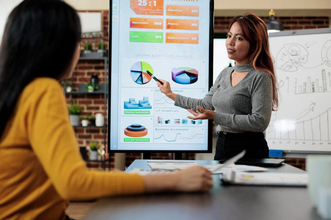 Agência Data Driven: Desempenho Impulsionado por Dados 2 Gerente executivo mostrando gráficos de marketing para freelancer analisando a estratégia da empresa.