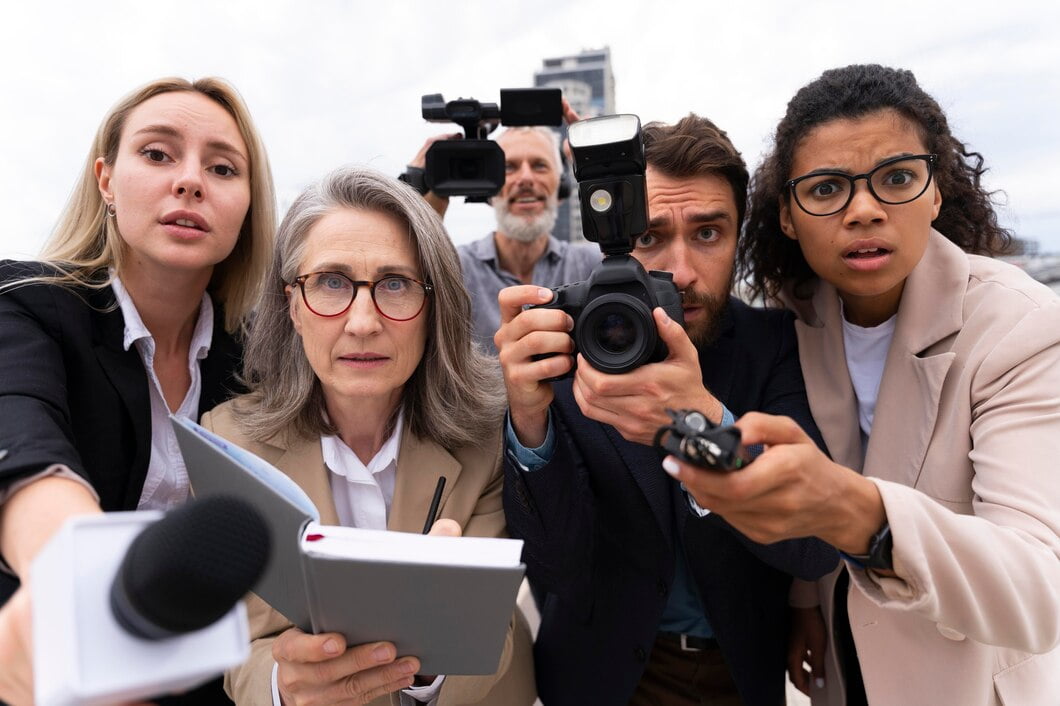Grupo de pessoas fazendo uma entrevista ao ar livre
