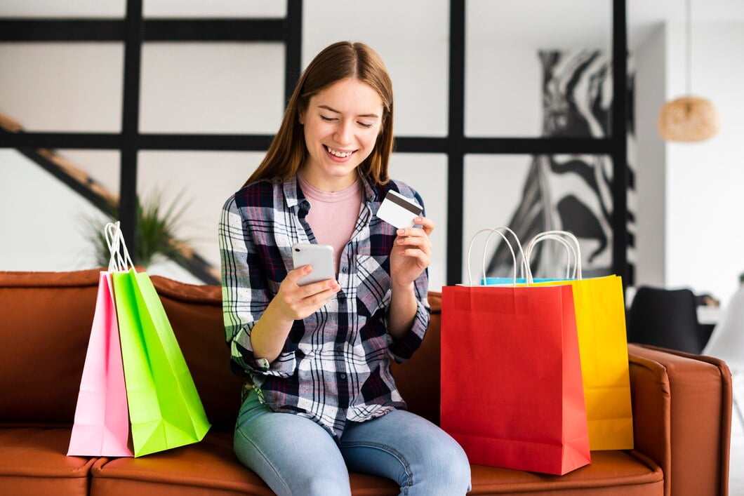 M-commerce: Business in the palm of your hand Mulher bonita de tiro médio, verificando o telefone