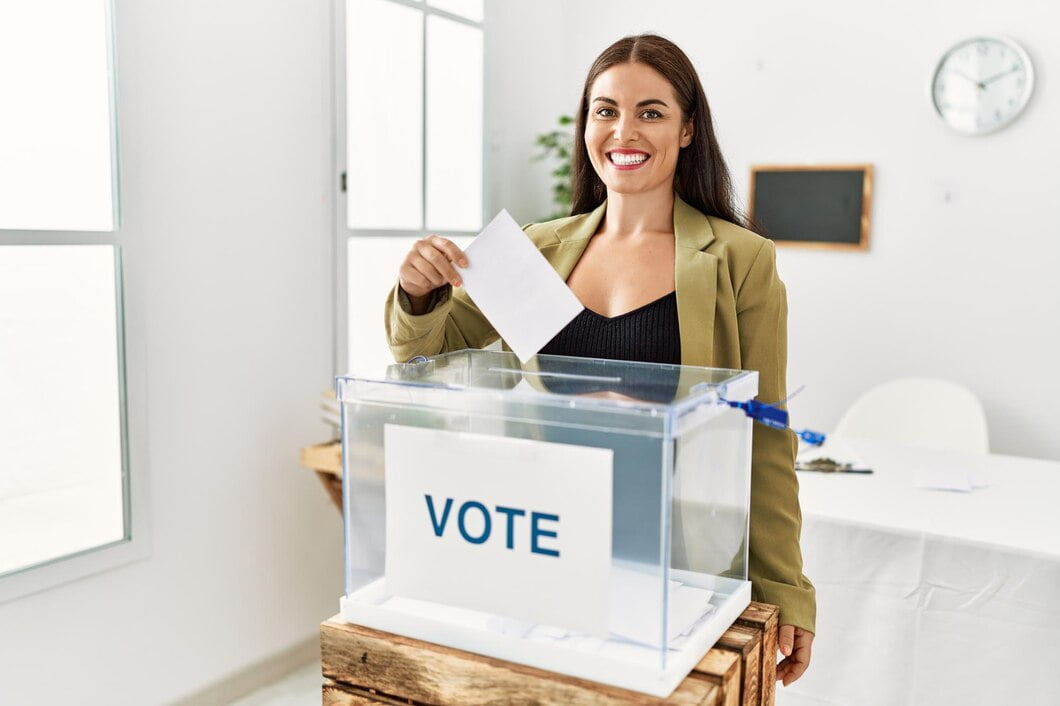 Jovem linda mulher hispânica sorrindo confiante colocando voto nas urnas no colégio eleitoral