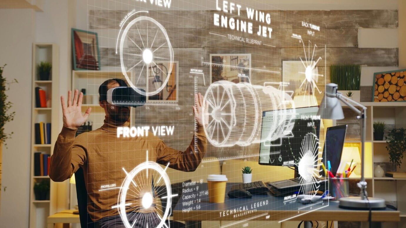 Freelancer em casa usando óculos vr usando realidade aumentada para visualizar o resultado final