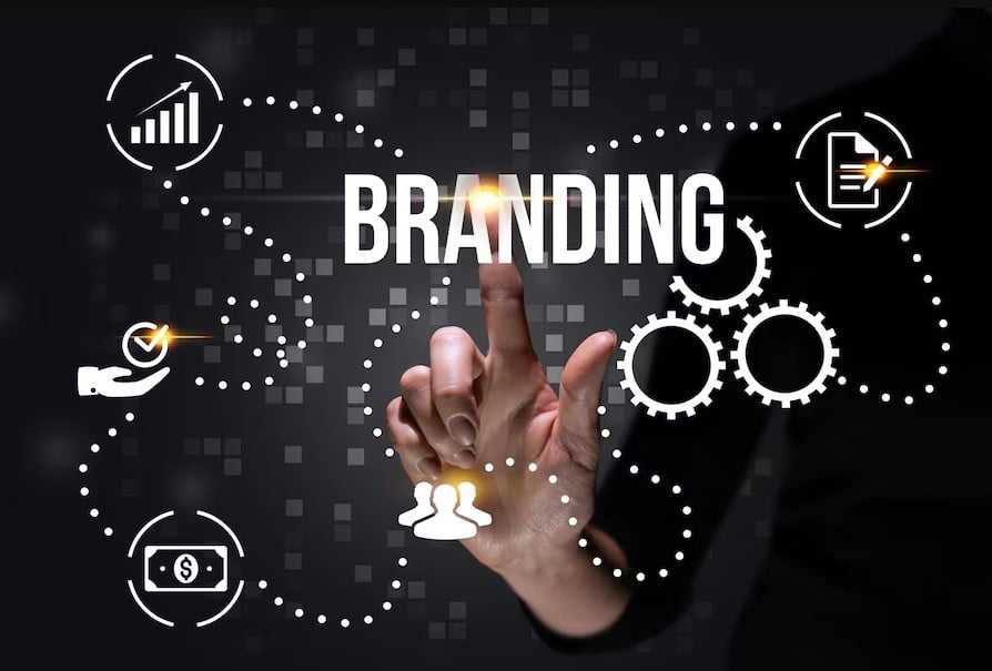 O conceito de desenvolvimento e criação de branding ícones de mão e abstratos de negócios