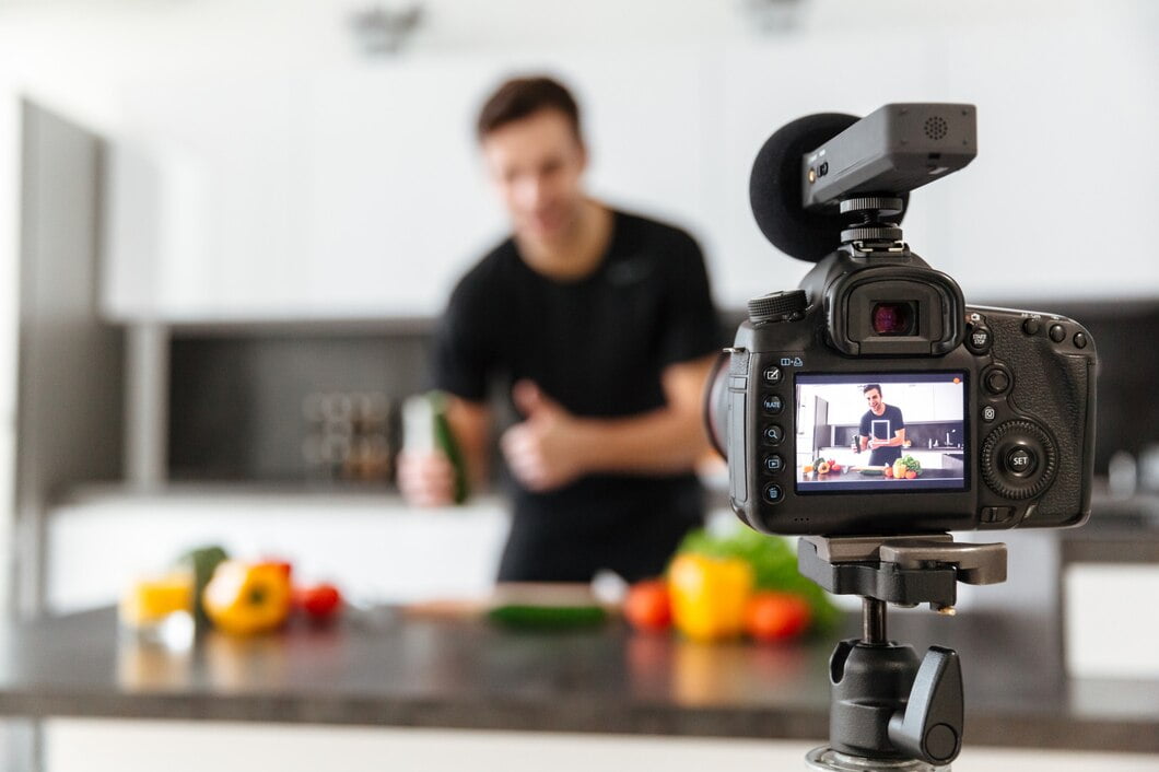 Vídeos Virais: Como Criar Conteúdo De Sucesso Close-up de uma câmera de vídeo filmando jovem sorridente masculino blogueiro