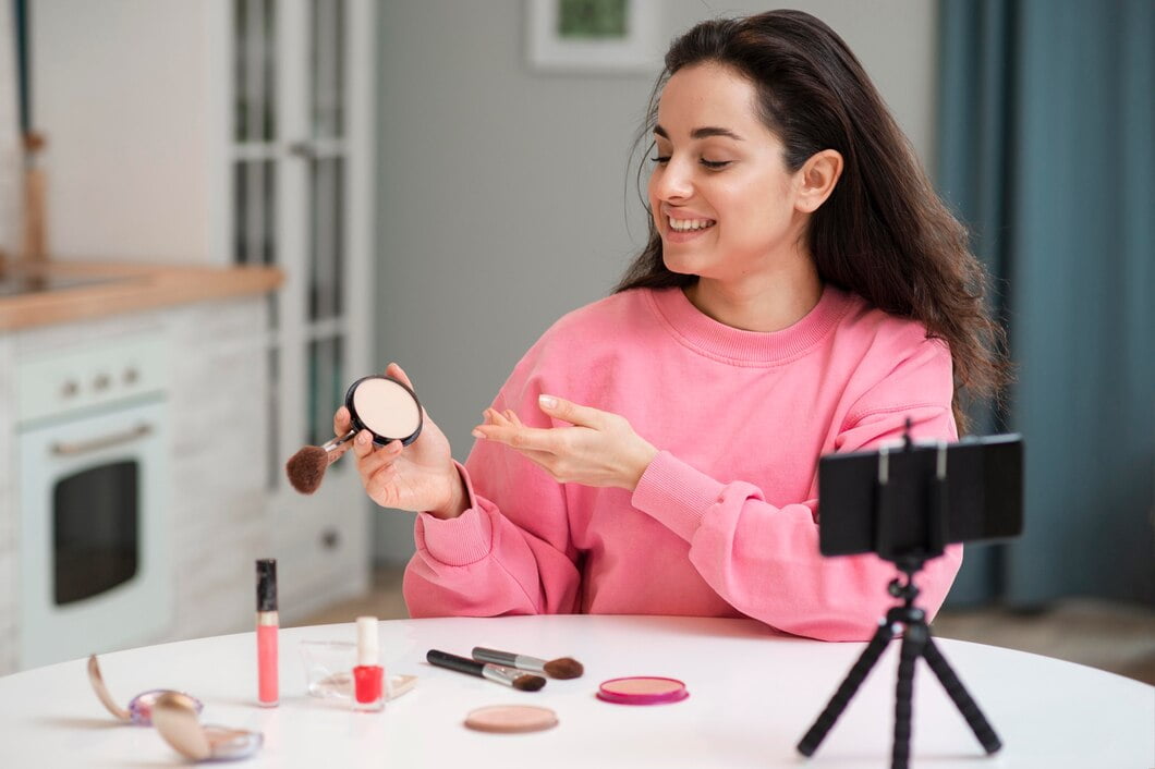 Tendências e estratégias para alcançar jovens consumidores Blogger gravando vídeo com acessórios de maquiagem