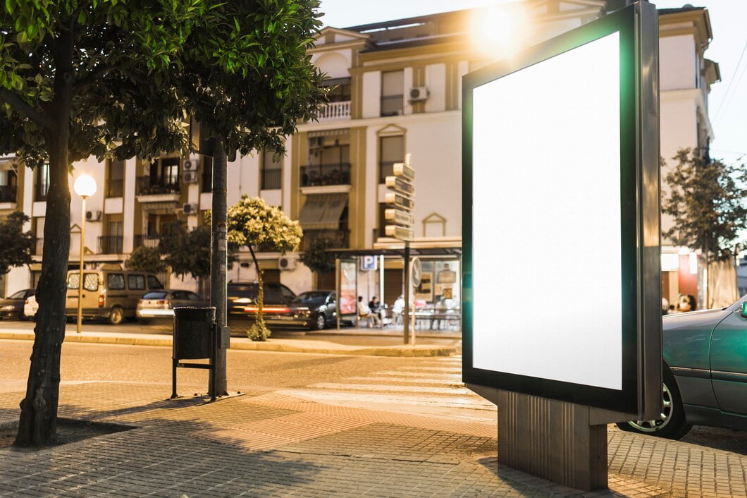 Outdoor em branco branco iluminado na beira da estrada