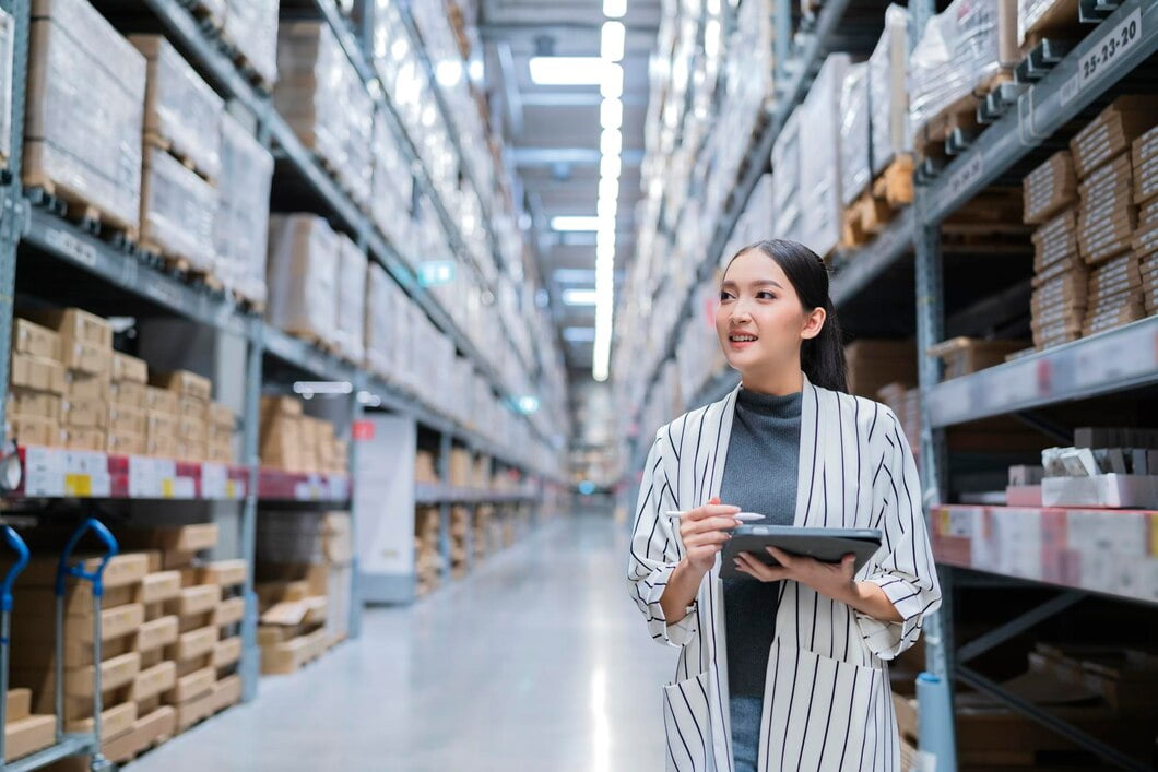 Principais estratégias de IA no varejo proprietário da empresa asiática usando tablet digital, verificando a quantidade de estoque de produtos
