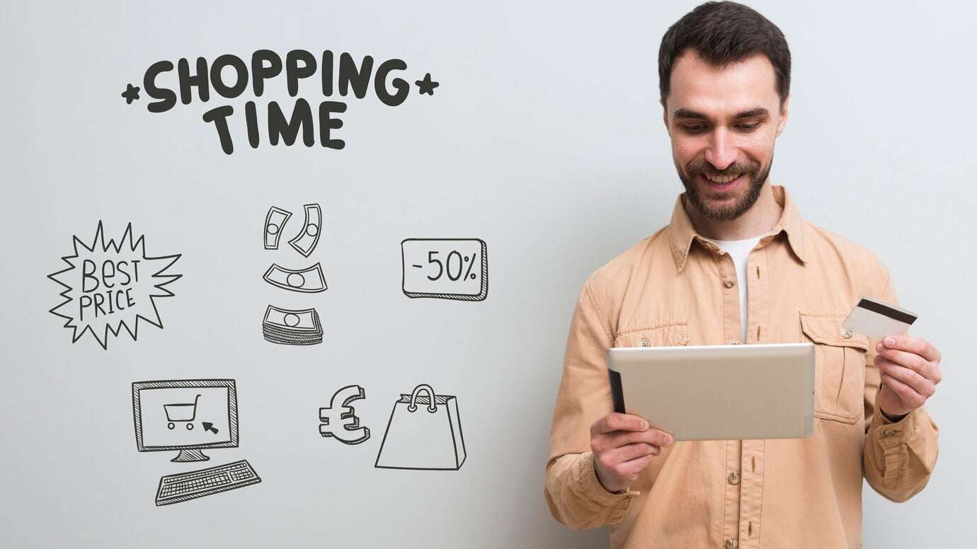 Principais Tendências de Marketing para eCommerce Vista frontal do homem com o conceito de compras