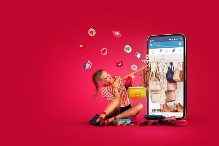 Conceito de compras on-line de mulher de tiro completo
