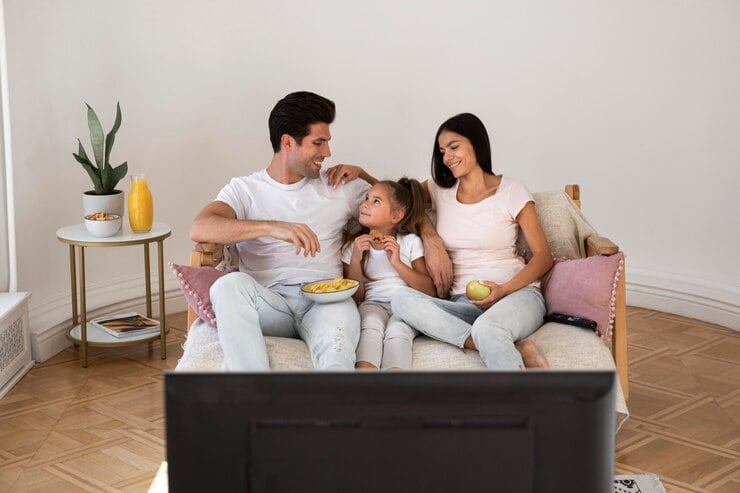 Família passando tempo em frente à TV