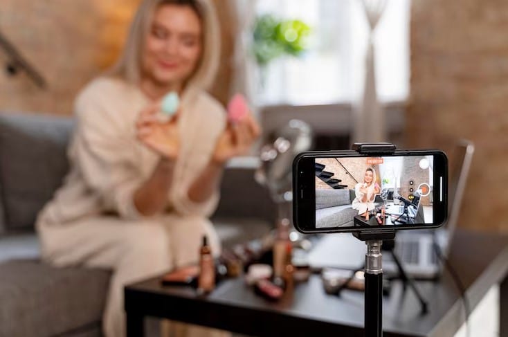 Como adequar o conteúdo em vídeo à jornada do consumidor? Vlogger de beleza fazendo um vídeo para seus seguidores