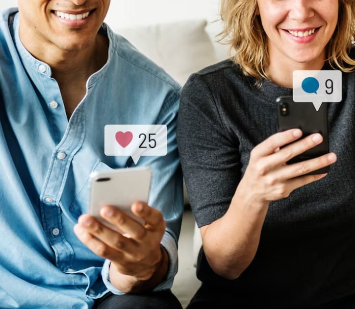 Pessoas felizes usando mídias sociais em seus smartphones