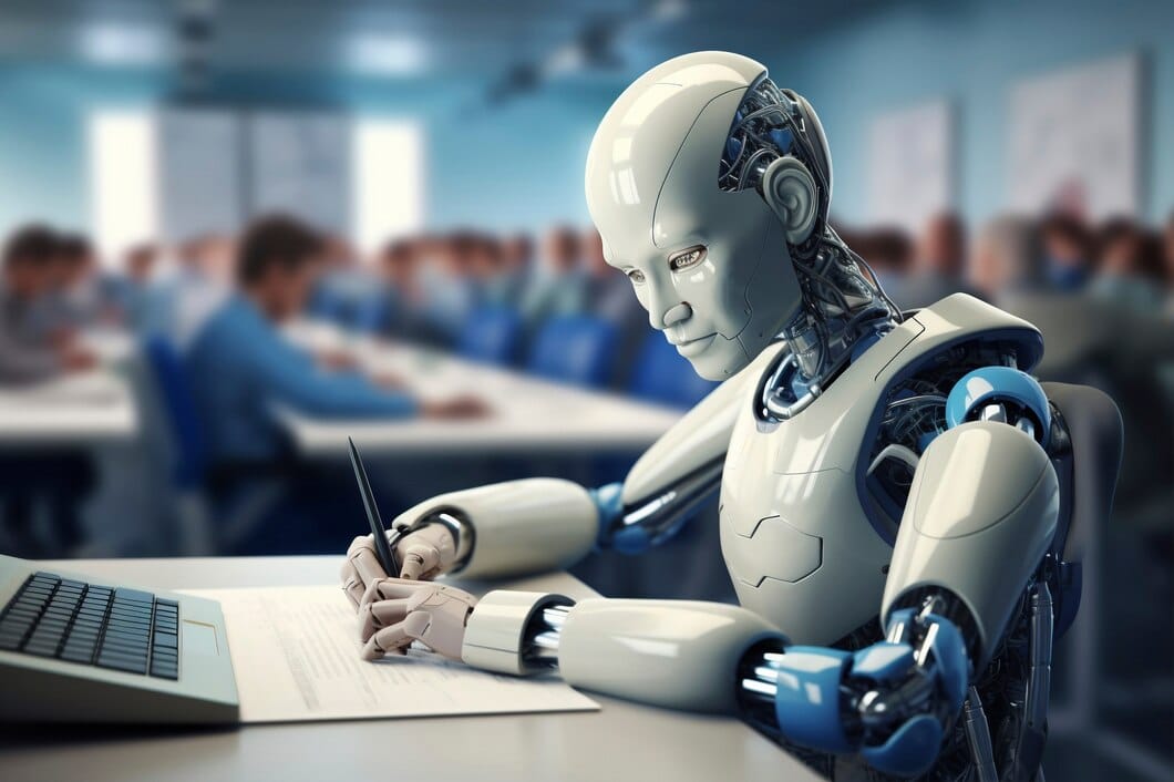 Uso de inteligência artificial e machine learning Visão do robô futurista no ambiente escolar