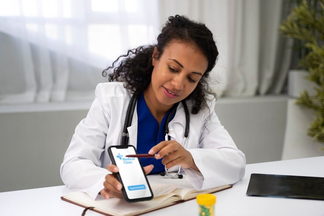 Médico tiro médio, segurando smartphone