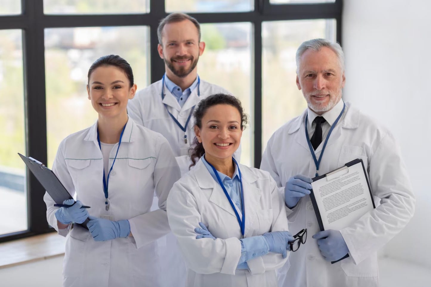 Cientistas de tiro médio posando juntos