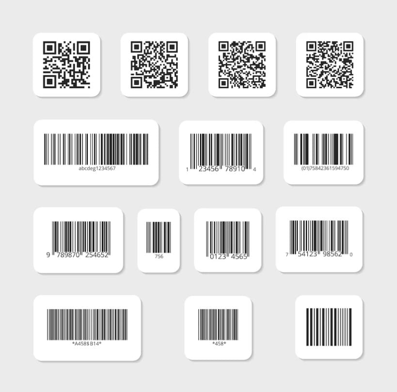 QR Code x código de barras: as diferenças que fazem a diferença na sua estratégia Conjunto de códigos de barras e QR em adesivos brancos