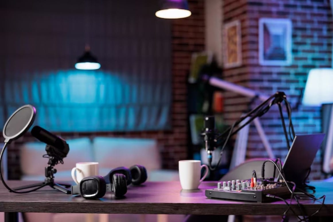 Videocasts vs. Podcasts: Qual é a Melhor Estratégia? Estúdio de produção em casa vazio com ferramentas profissionais
