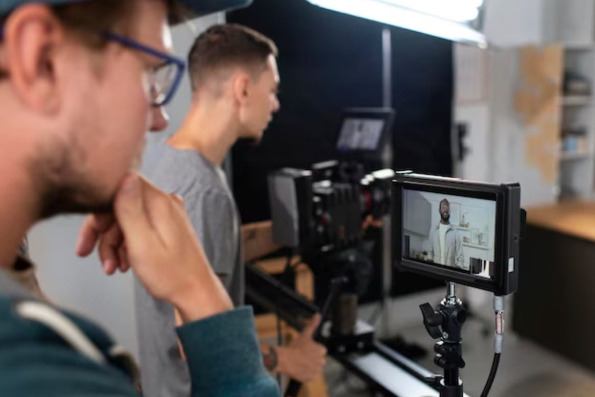 Dicas para escolher entre videocasts e podcasts Homem filmando com uma câmera profissional para um novo filme