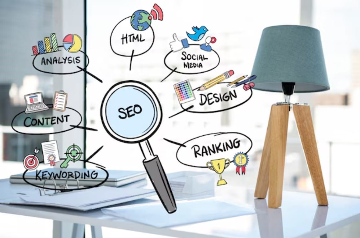 Lupa com conceitos de SEO