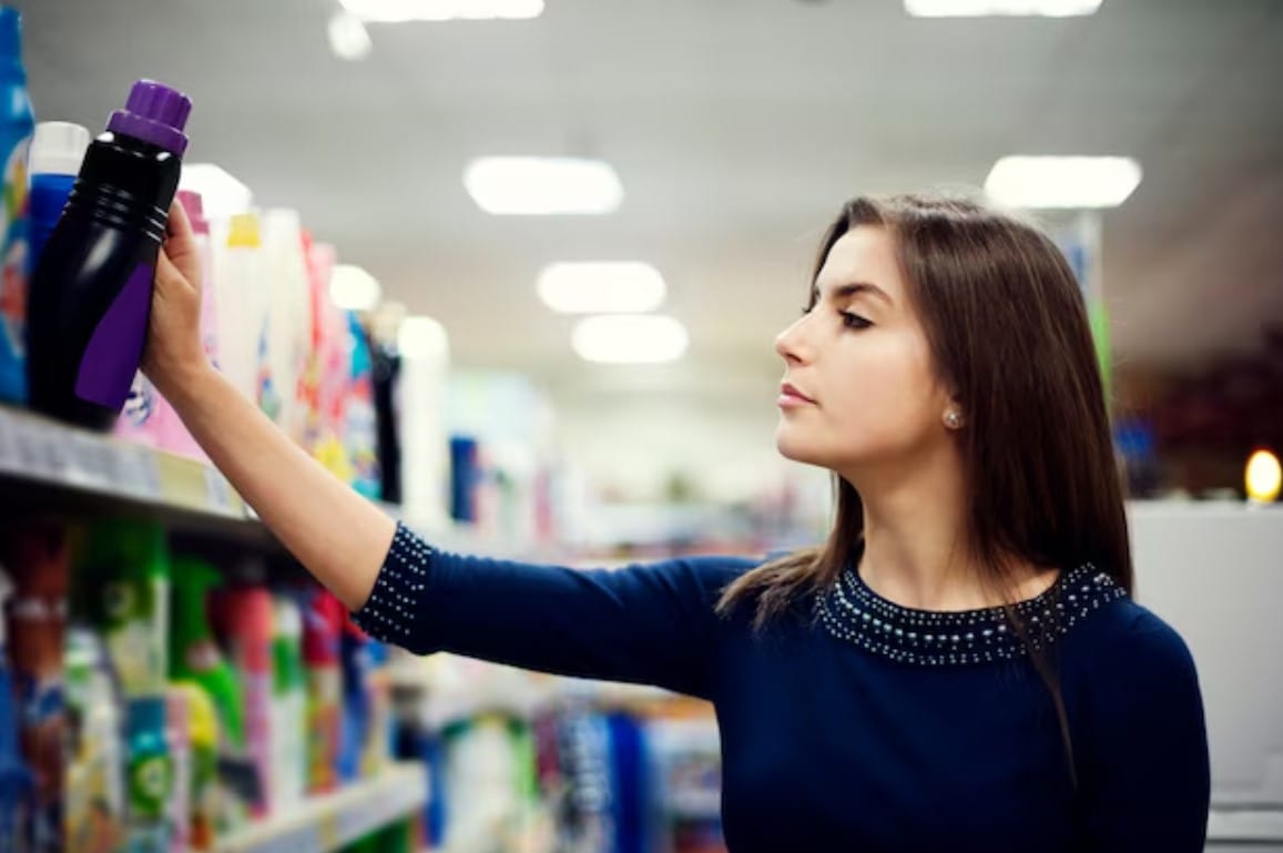 Mulher escolhendo detergente no supermercado
