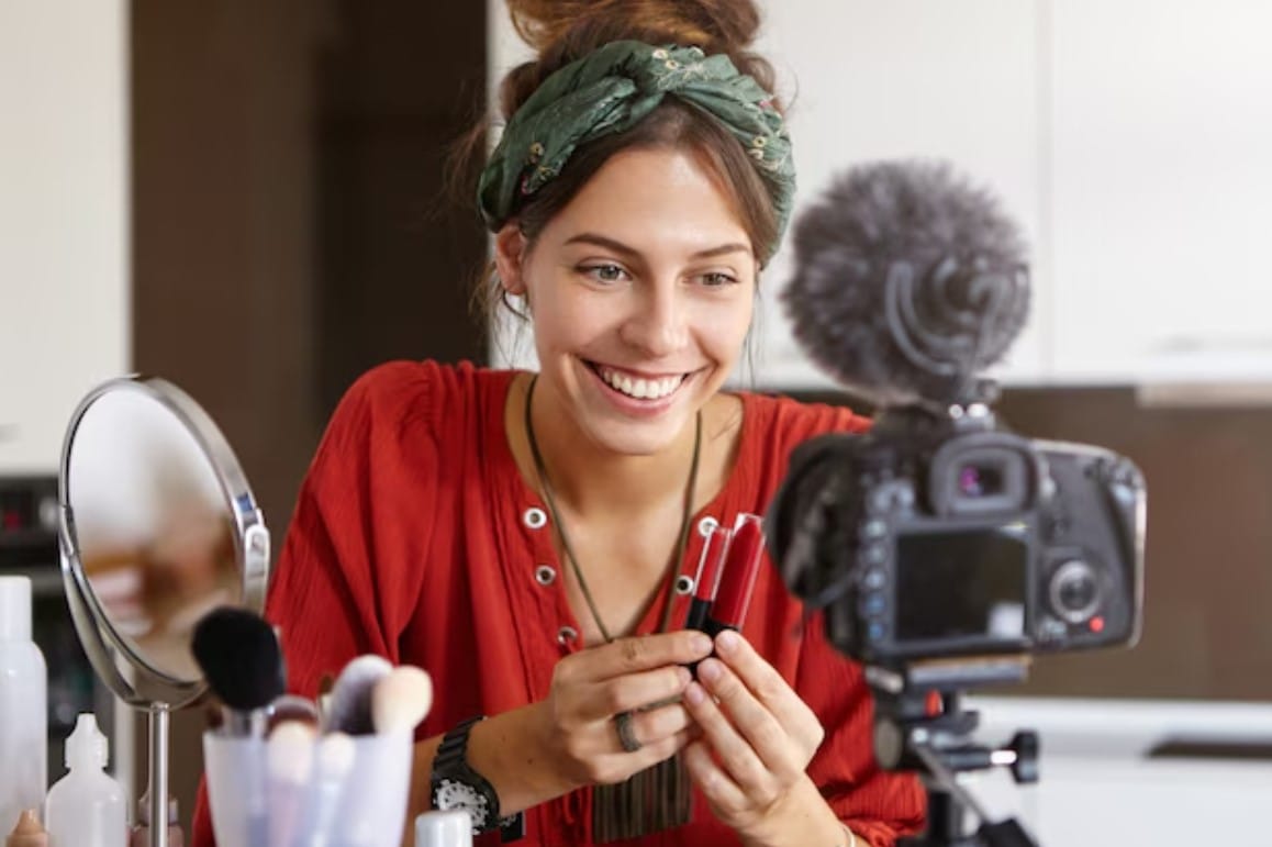 Vlogger feminina filmando vídeo de maquiagem