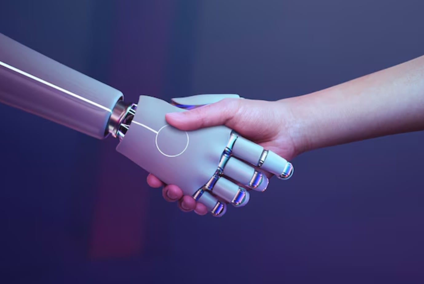 A importância da humanização no marketing orientado por dados Fundo humano do aperto de mão do robô, era digital futurista