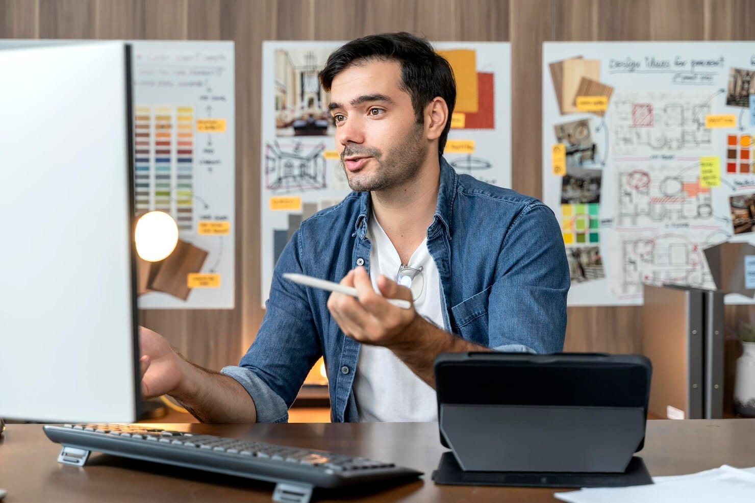 Designer caucasiano adulto inteligente com barba sentado na mesa de trabalho