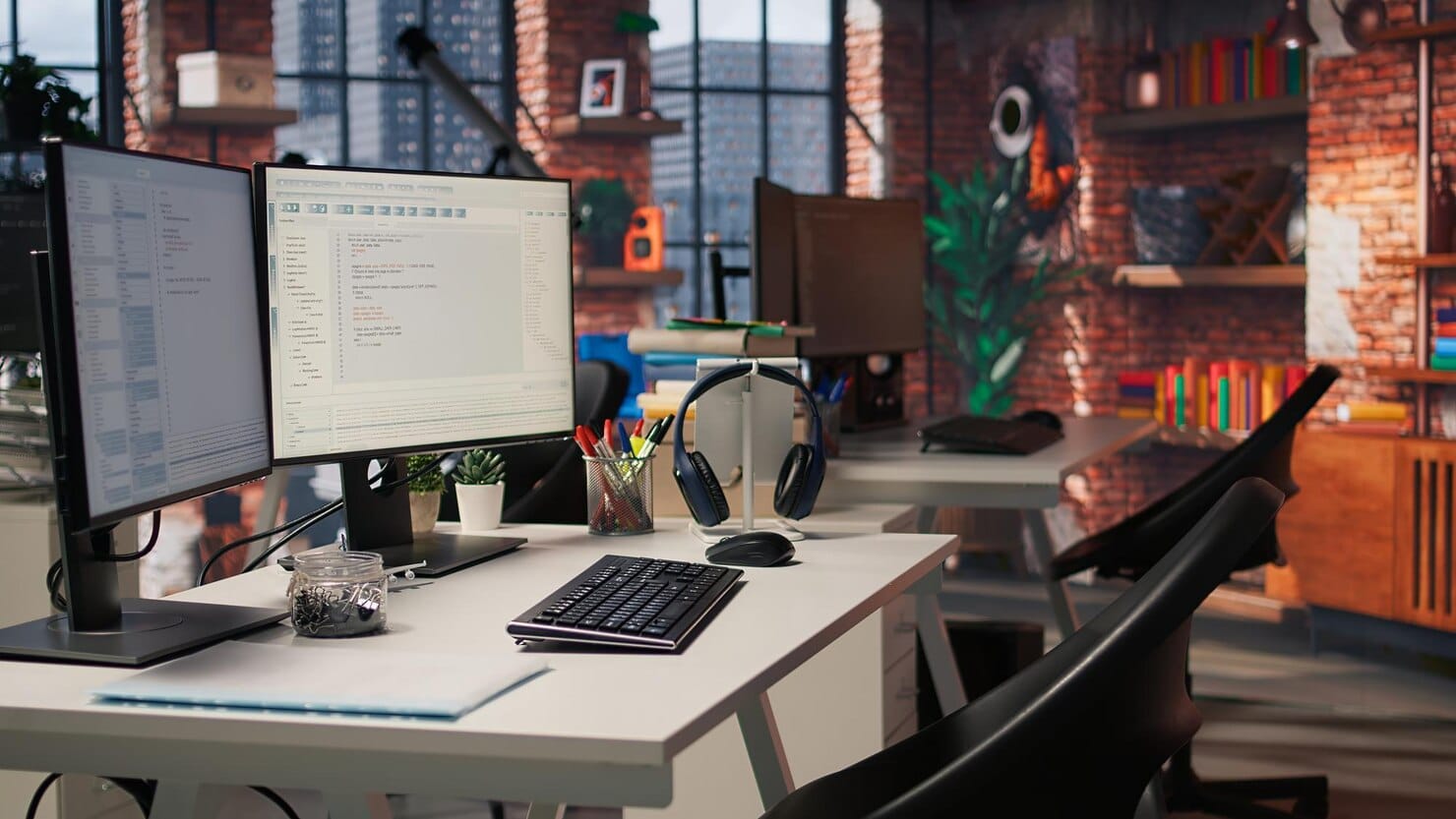 Espaço de trabalho de unicórnio de tecnologia com PC usado para conduzir revisões de código
