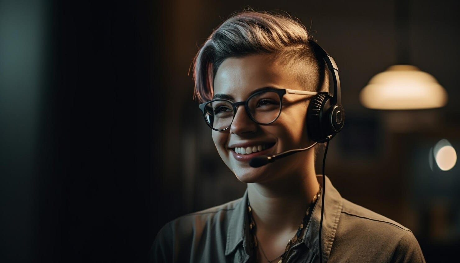 Jovem adulto sorrindo com dispositivo mãos livres gerado por IA