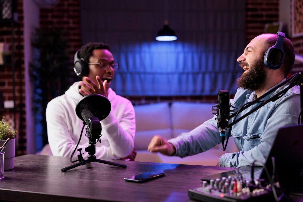 Apresentador afro-americano participando de uma discussão divertida com uma celebridade durante uma transmissão ao vivo em um estúdio profissional, fazendo-o rir. 