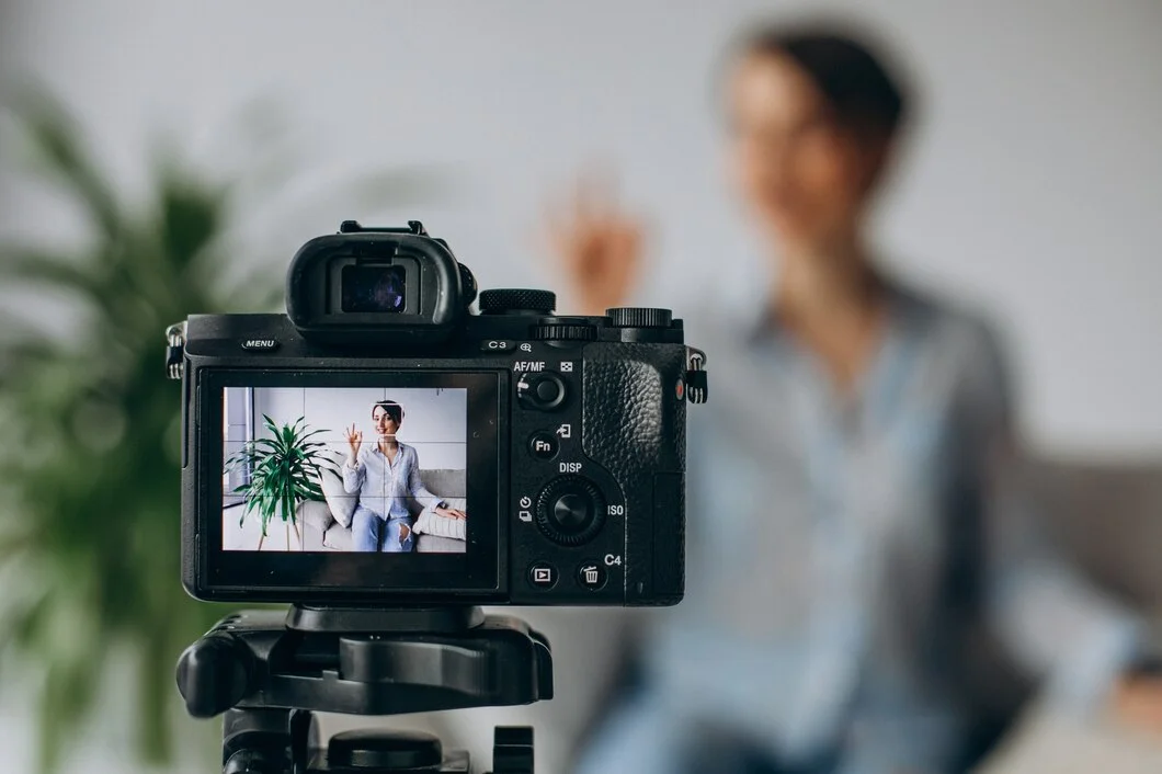 Marketing de Conteúdo: Do Planejamento à Execução 2 Jovem blogueira gravando vídeo para a câmera