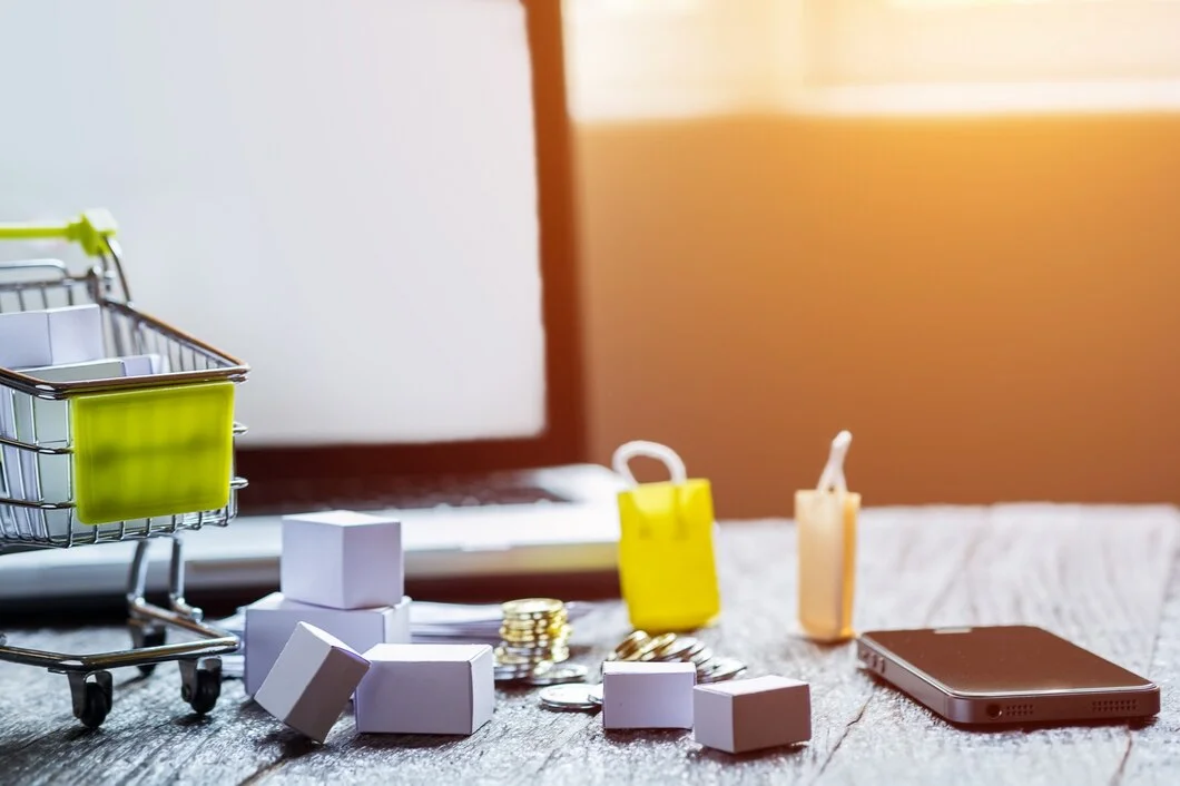 Upsell e Cross-sell: Saiba o Que São e Conheça as Melhores Estratégias ela em branco do laptop e carrinho de compras cheio de presentes com copyspace, conceito de compras on-line.