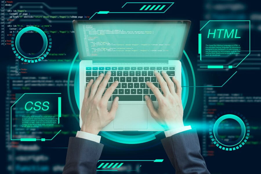 Por Que Investir em Desenvolvimento de Sites Modernos? Colagem de fundo de programação