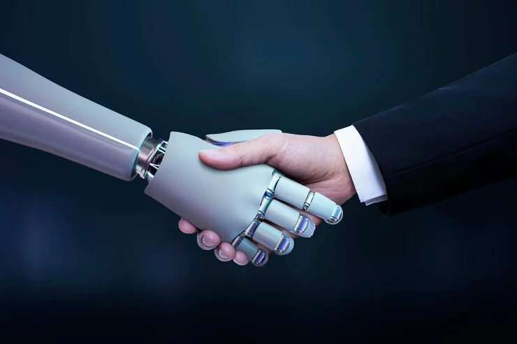 Marketing de conteúdo com inteligência artificial Aperto de mão de robô de mão de negócios, transformação digital de inteligência artificial