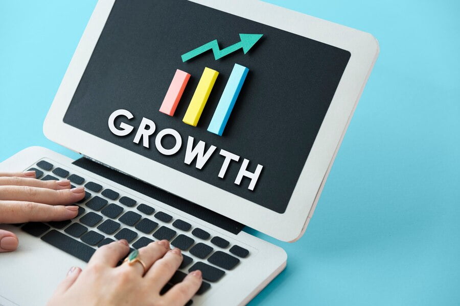 Growth marketing: o caminho para escalar seu negócio rapidamente Gráfico de crescimento, desenvolvimento, melhoria, lucro, conceito de sucesso